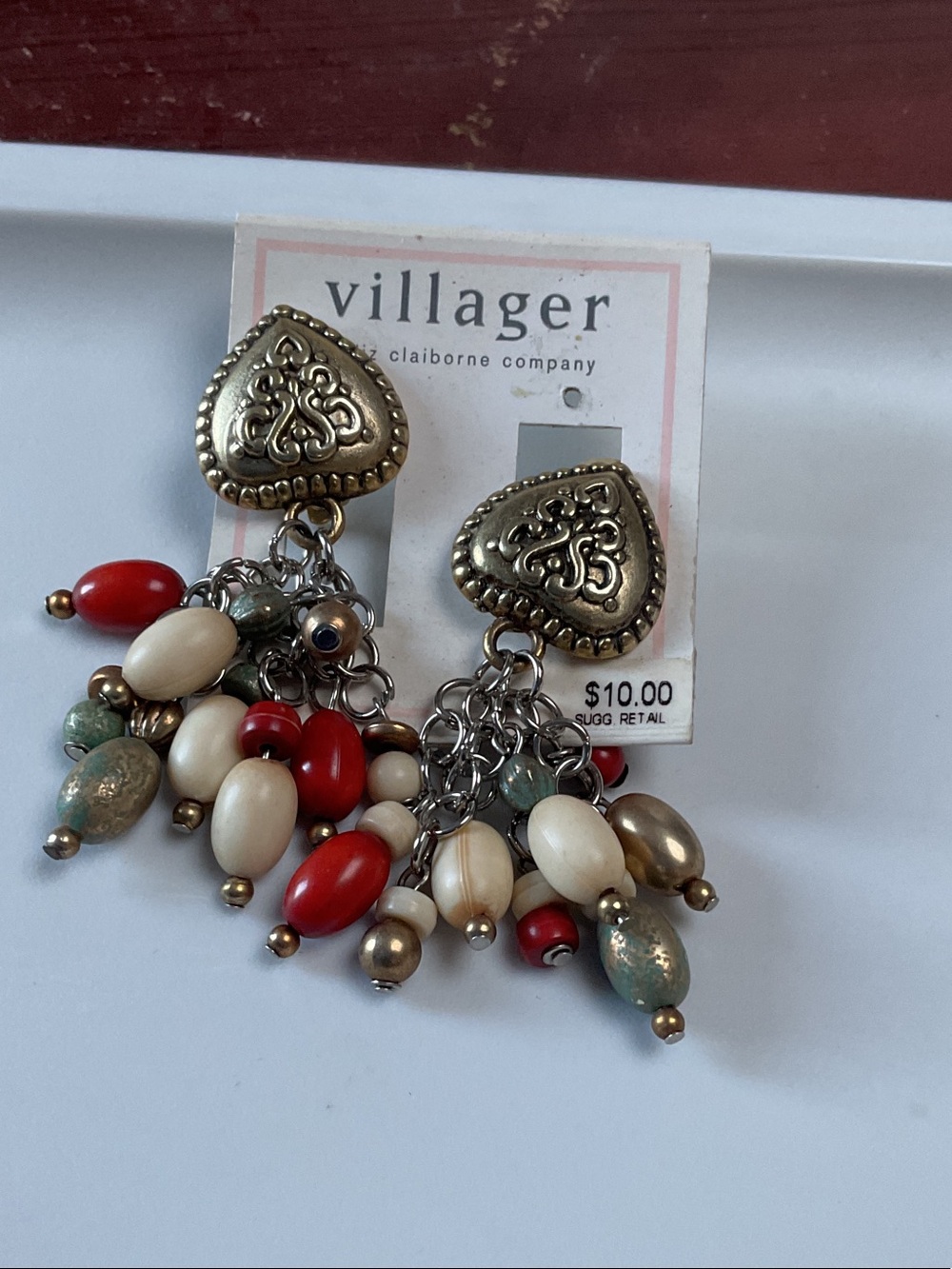 Villager Gold-Tone Heart Dangle Earrings with Red, Cream & Green Beads